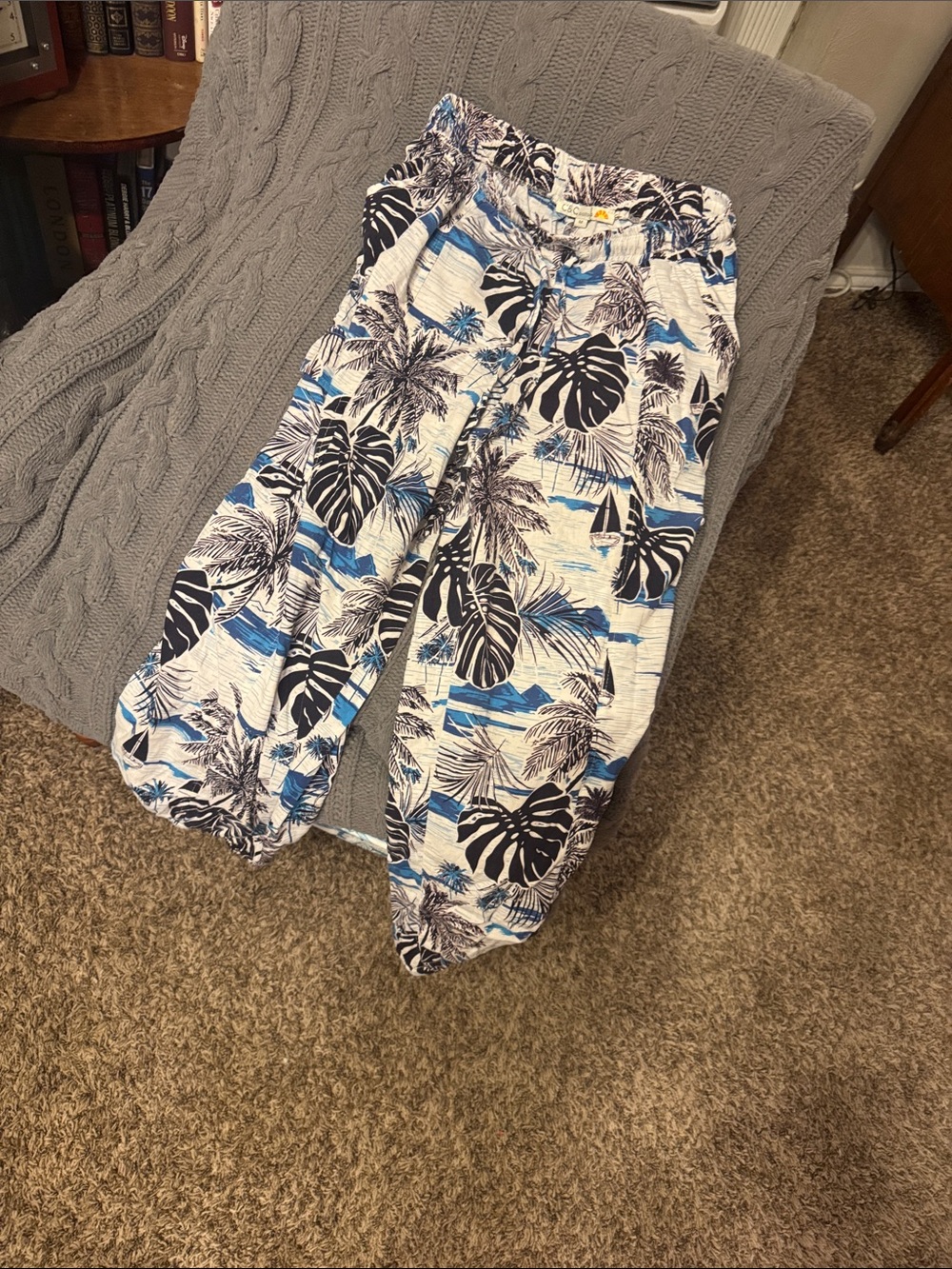Women’s C&C California Tropical Print Elastic Waist Pants Blue/White/Black Sz M